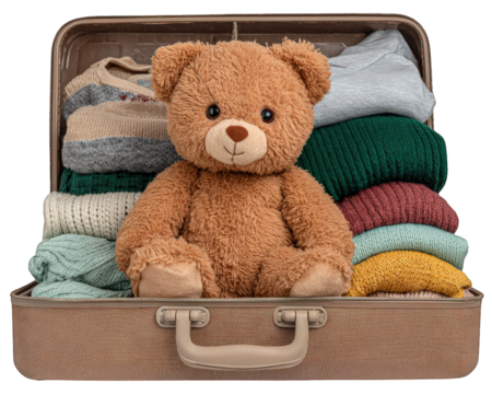 Teddy bear suitcase clothing travel cozy soft toy childhood preparation adventure luggage organized