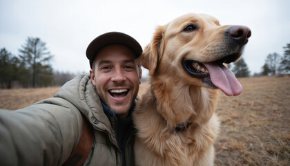 Man takes happy selfie with Golden Retriever dog in a park during autumn. Man smiles, dog pants tongue out. Friendship between owner and pet outdoor, active lifestyle, purebred dog breed.