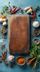 A wooden cutting board surrounded by fresh vegetables, herbs, and spices arranged on a light blue surface.