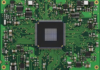 Closeup view of a green electronic circuit board with a central processor, showcasing intricate circuitry and technology