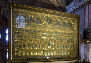 The Pala d'Oro, a Byzantine enamel and gem-studded altarpiece created in Constantinople and Venice, displayed at St Mark's Basilica, Venice, Italy.