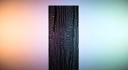 Abstract Rain Streaks on Dark Vertical Panel Against Soft Gradient Background. Water Droplets and Textured Surface with Blurred Colorful Hues.