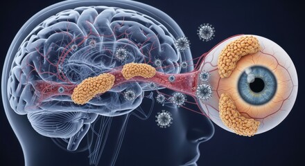 Conceptual illustration of COVID19 virus triggering Alzheimer'slike amyloid plaque formation in the brain and eyes highlighting the connection between viral infection and