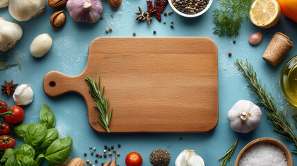 A wooden cutting board surrounded by fresh vegetables, herbs, and spices arranged on a light blue surface.