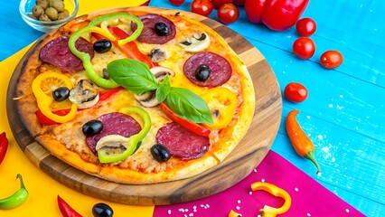 Gourmet Pizza with Fresh Toppings on Wooden Board – Overhead View with Crispy Crust and Appetizing Details