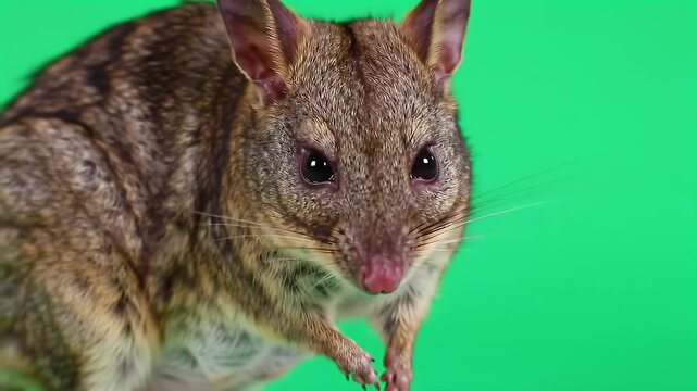 Alert Small Marsupial, Potoroo or Rat-Kangaroo, with Brown Fur and Large Ears, Isolated on Bright Green Chroma Key Background