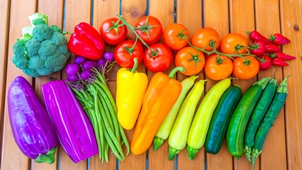 Top View of Fresh Colorful Vegetables Neatly Arranged on Wooden Table – Healthy Food and Organic Cooking Concept