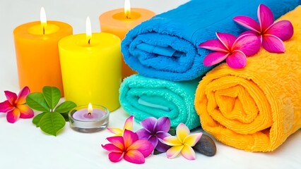 Spa and Relaxation Scene with Candles, Towels, and Tropical Flowers – Minimal Clean Wellness Composition