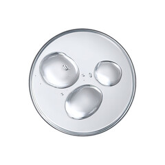Circular petri dish, filled with clear liquid droplets.  Clear,  shiny,  liquid,  drops,  grouped,  center,  isolated,  scientific,  beauty,  serum,