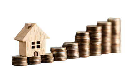 Wooden house model sits atop a rising stack of coins, symbolizing real estate investment