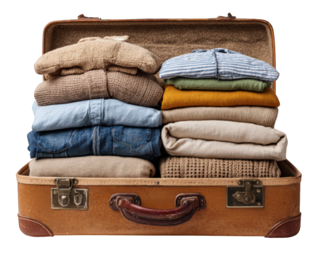 Neatly folded clothes, packing cubes, and organized garments in vintage suitcase, ready for travel, evoke sense of adventure and preparation for journey