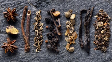 Overhead shot of Asian cooking ingredients arranged on natural stone slab with diffused daylight for minimalist food presentation.