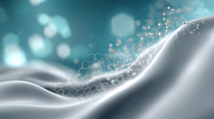 light-themed futuristic pharmaceutical background with soft flowing wave structures, layered in smooth teal and white gradients, overlaid with translucent digital grids, hexagonal patterns.