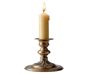 Tall church candle in brass holder, isolated on transparency background, elegant vintage decor, warm glowing flame, classic religious object, peaceful and serene atmosphere