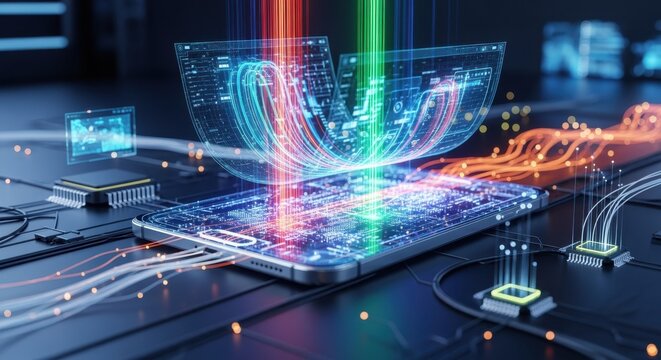 Futuristic illustration of programmable optical technology transforming digital devices highlighting innovation in nextgeneration hardware for tech industry advancements. Cinematic