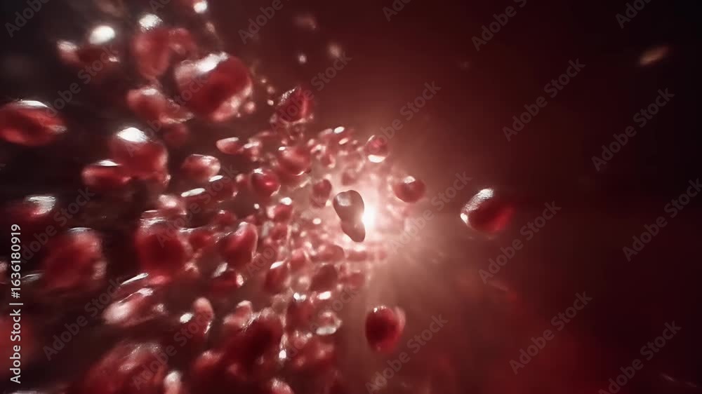 Poster a profusion of red pomegranate seeds falling through dark space illuminated by a glowing light sourc