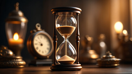 A classic hourglass filled with sand stands on a table, surrounded by vintage clocks and glowing lamps, evoking the passing of time in a warm, nostalgic setting.