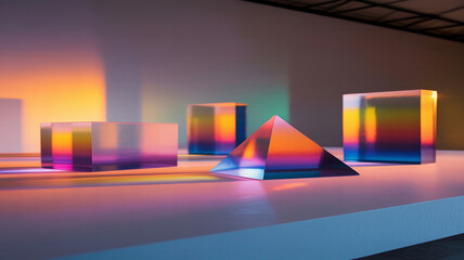 Vibrant Spectrum: Geometric Prisms & Blocks Reflecting Rainbow Light on Minimalist Surface, Abstract Optical Art