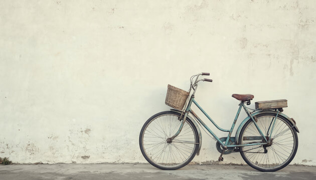 Retro bicycle with wicker basket near weathered wall. Vintage teal bike with leather saddle, rustic charm. Outdoors. Old cycle parked near textured white wall. Nostalgic scene. Transportation