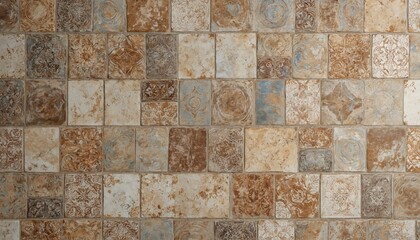 Fototapeta na wymiar Collection of vintage-style tiles in earthy tones, featuring patchwork of intricate patterns. Ideal for rustic Mediterranean interior design, ceramic tiles add texture, classic charm to floors, walls