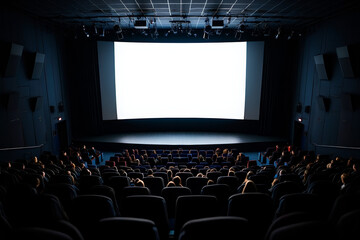 Obraz premium Full cinema audience watches attentively as the projector beam hits the empty screen.
