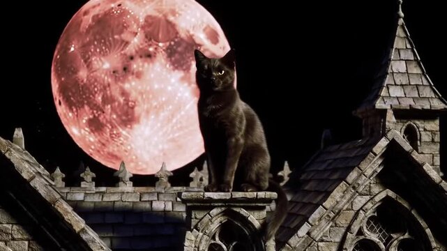 A mysterious black cat perches on a gothic church rooftop, silhouetted against a large, ominous red blood moon on a dark Halloween night.