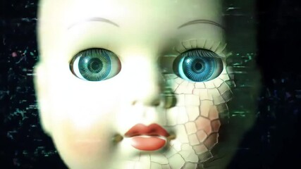 Creepy doll with cracked face and digital glitch effect, AI generated horror animation. - Powered by Adobe