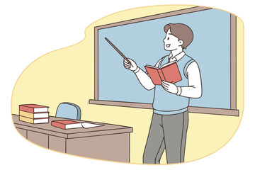 Enthusiastic Teacher Presenting a Lesson with Chalkboard and Book An Engaging Cartoon Illustration for Educational Material