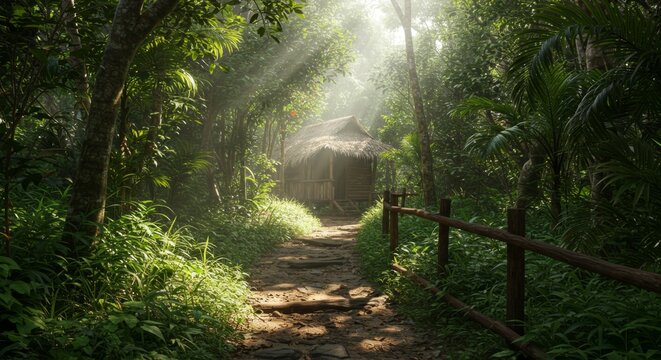 Sunlit Path Leading to a Hut in Lush Tropical Forest - Powered by Adobe