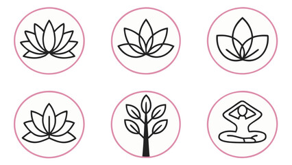 Collection of six circular icons representing yoga lotus tree and meditation