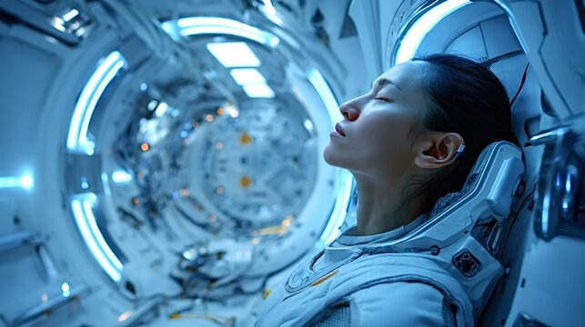 Female astronaut sleeping peacefully in a cryo pod, nestled within the sleek interior of a futuristic spaceship, journeying through the vastness of space on an intergalactic mission