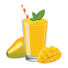 Cool Refreshing Mango Smoothie Drink with Ripe Fruit - Vector Illustration
