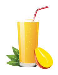 Glass of Fresh Mango Juice with Fruit Pieces - Vector Illustration