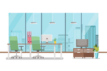 Modern office interior with city view and desks with computers