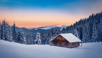 warm wooden cabin nestled in snowy mountain valley at dusk