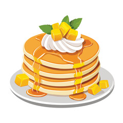 Pancakes with Orange Slices and Whipped Cream - Vector Illustration