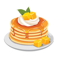 Pancakes Stack with Orange Topping and Cream - Vector Illustration