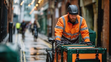 Medium shot of a compostcollection courier adjusting cargo bike compartments main subject in clear detail with indistinct urban alley and pedestrians blurred in the background.