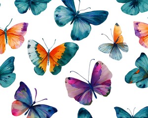 Vibrant watercolor butterfly pattern with diverse colors and delicate wings