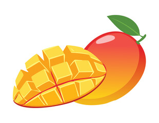 Whole Ripe Mango and Sliced Half - Vector Illustration