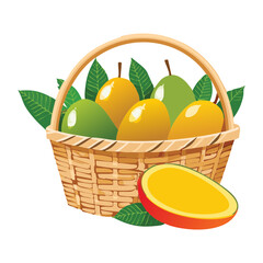 Ripe and Sliced Mangoes in Wicker Basket - Vector Illustration