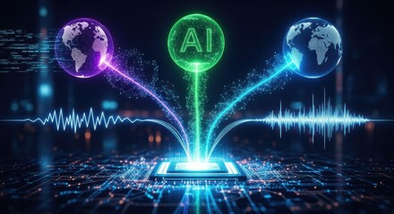 Futuristic abstract illustration of multimodal artificial intelligence systems analyzing and connecting data from three or more sources symbolizing advanced multiview contrastive