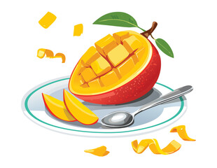 Fresh Mango Half with Spoon and Small Scraps - Vector Illustration
