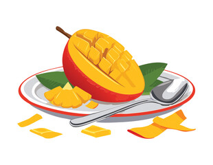 Freshly Cut Mango Half with Spoon on a Plate - Vector Illustration