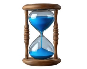 Transparent hourglass with blue sand, wooden frame, classic design, time measurement, isolated on transparency background, symbolizing patience and calm