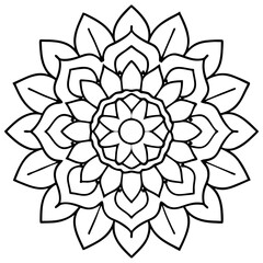 Simple Floral Mandala Design with Petal and Leaf Shapes in Black and White Outline