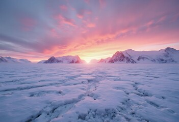 Arctic Sunset: Frozen Expanse Bathed in Pink and Orange Light