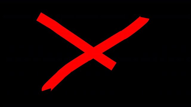 hand drawn red cross mark. red crossed lines animation 4k video on a black background.