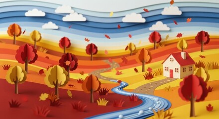 Vibrant autumn landscape in paper art with river, trees, and cozy cottage