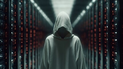 Hooded figure stands ominously in a server room, representing the threat of cyberattacks and data breaches, highlighting the importance of cybersecurity in the digital age